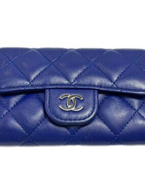 Chanel Card Case Business Holder Quilted CC Logo Lambskin Blue Silver